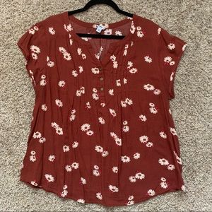 Sonoma Brown and White Floral Pintuck Top